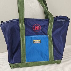 LL Bean Monogrammed Color Block Zip Top Tote Bag Blue Green Carry All Purse